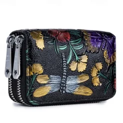 Fashion RFID Women Card Holder Split Leather Double Zipper Card Case Large Capacity 3D Flower Printed Lady Women Wallets Purse