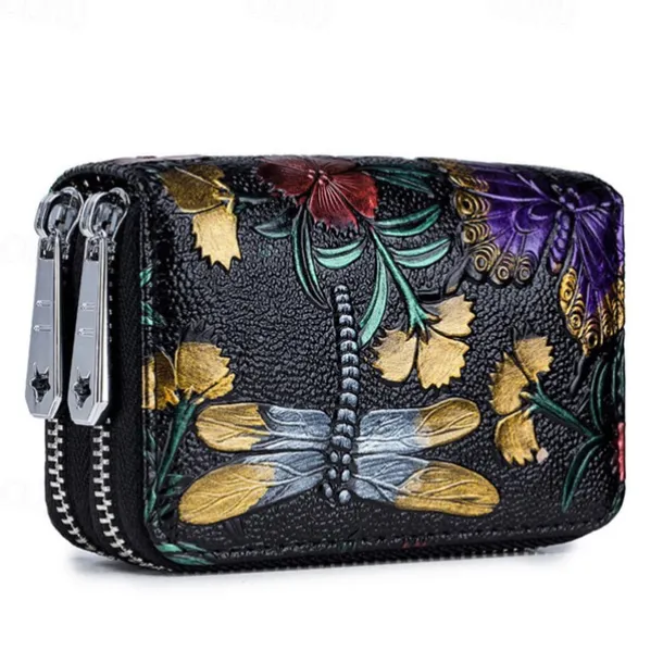 Fashion RFID Women Card Holder Split Leather Double Zipper Card Case Large Capacity 3D Flower Printed Lady Women Wallets Purse