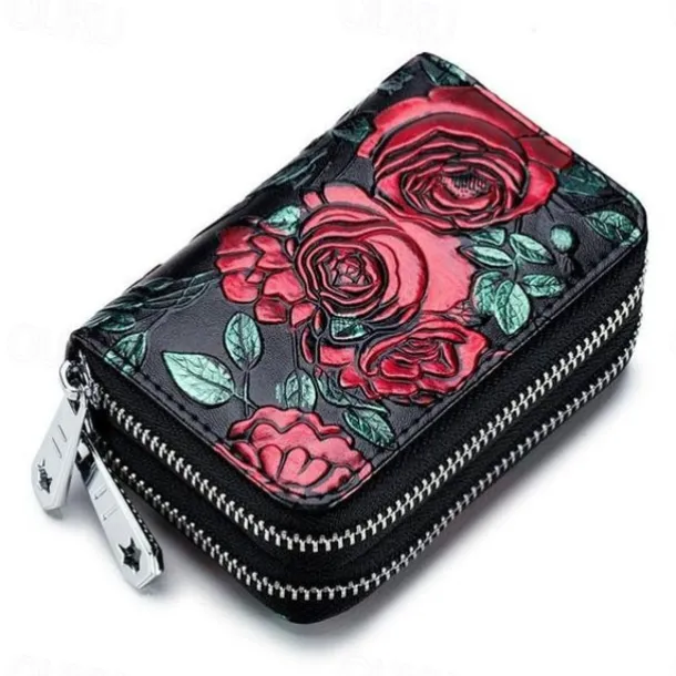 Fashion RFID Women Card Holder Split Leather Double Zipper Card Case Large Capacity 3D Flower Printed Lady Women Wallets Purse