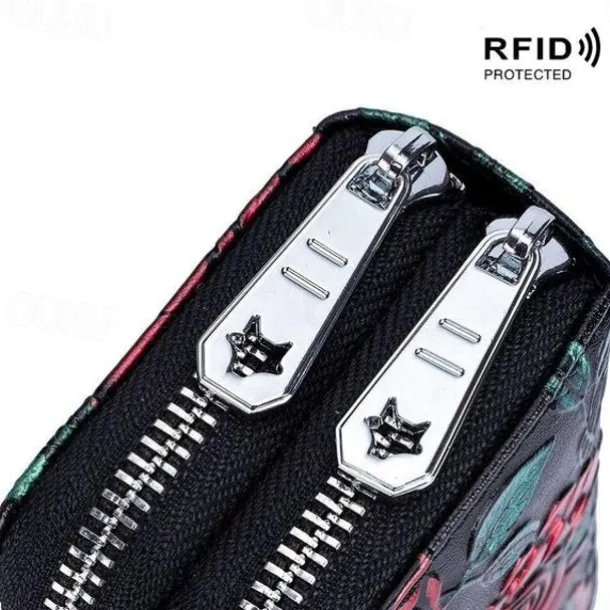 Fashion RFID Women Card Holder Split Leather Double Zipper Card Case Large Capacity 3D Flower Printed Lady Women Wallets Purse