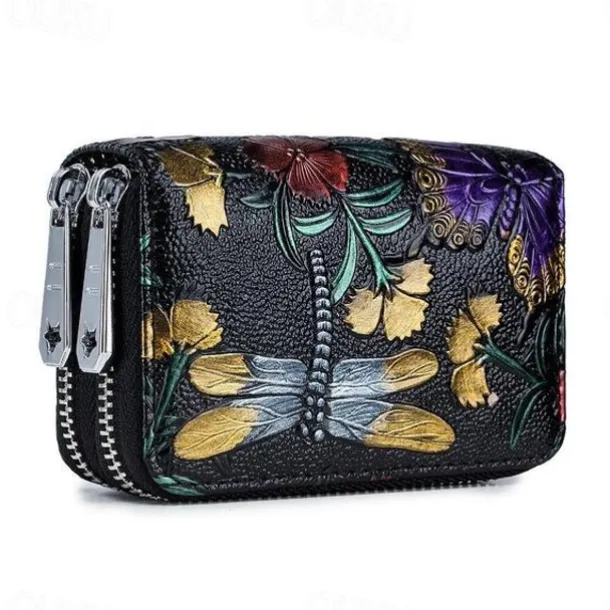 Fashion RFID Women Card Holder Split Leather Double Zipper Card Case Large Capacity 3D Flower Printed Lady Women Wallets Purse