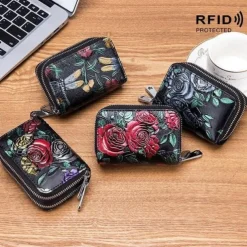Fashion RFID Women Card Holder Split Leather Double Zipper Card Case Large Capacity 3D Flower Printed Lady Women Wallets Purse