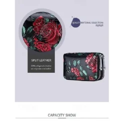 Fashion RFID Women Card Holder Split Leather Double Zipper Card Case Large Capacity 3D Flower Printed Lady Women Wallets Purse