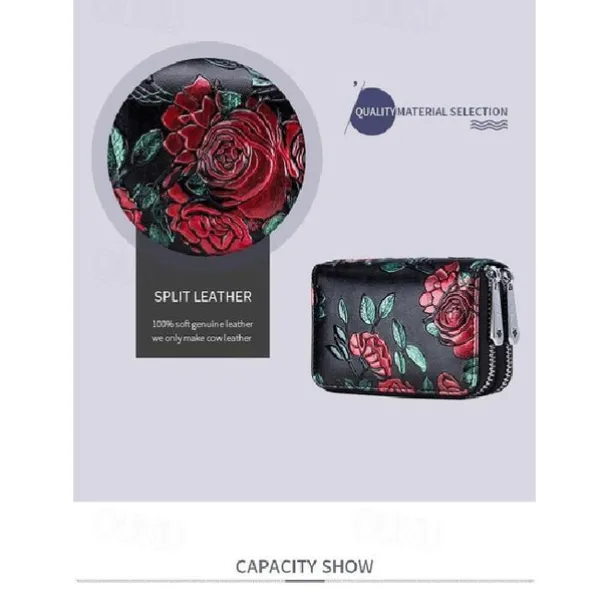 Fashion RFID Women Card Holder Split Leather Double Zipper Card Case Large Capacity 3D Flower Printed Lady Women Wallets Purse