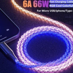 Fast Charging RGB Cable 100W Breathing Light 66W Type C USB C Data Cable for iPhone Samsung Android Micro 30W Quick Charge Cable