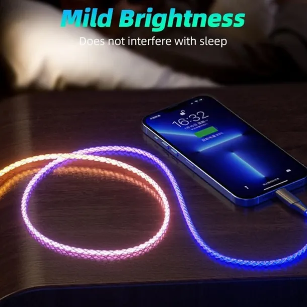 Fast Charging RGB Cable 100W Breathing Light 66W Type C USB C Data Cable for iPhone Samsung Android Micro 30W Quick Charge Cable