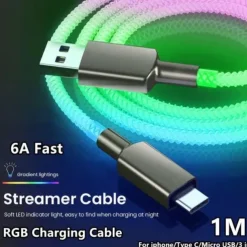 Fast Charging RGB Cable 100W Breathing Light 66W Type C USB C Data Cable for iPhone Samsung Android Micro 30W Quick Charge Cable