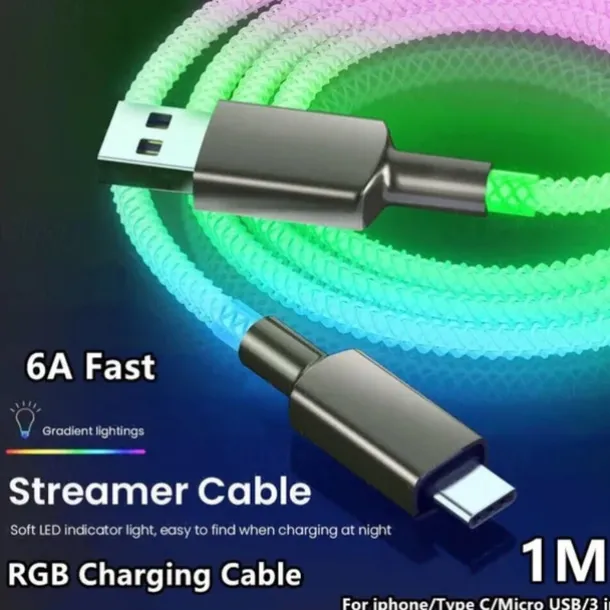 Fast Charging RGB Cable 100W Breathing Light 66W Type C USB C Data Cable for iPhone Samsung Android Micro 30W Quick Charge Cable