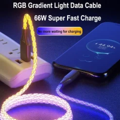 Fast Charging RGB Cable 100W Breathing Light 66W Type C USB C Data Cable for iPhone Samsung Android Micro 30W Quick Charge Cable