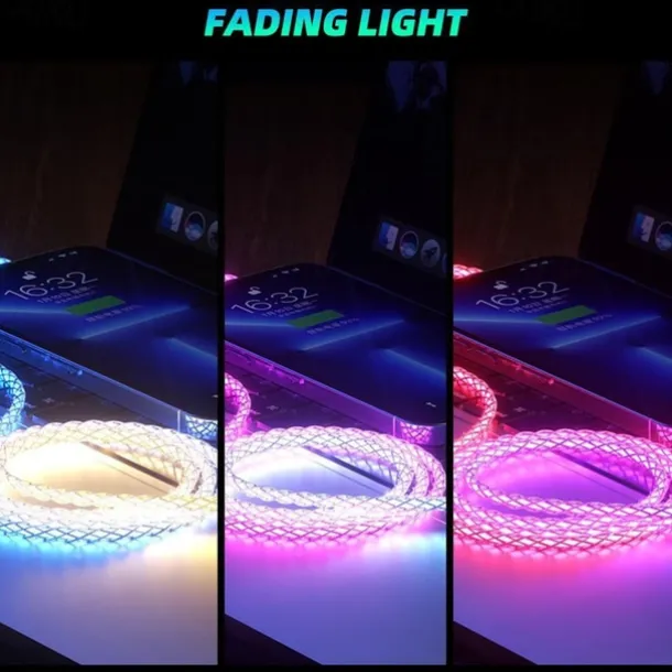 Fast Charging RGB Cable 100W Breathing Light 66W Type C USB C Data Cable for iPhone Samsung Android Micro 30W Quick Charge Cable