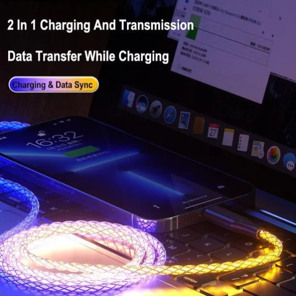 Fast Charging RGB Cable 100W Breathing Light 66W Type C USB C Data Cable for iPhone Samsung Android Micro 30W Quick Charge Cable