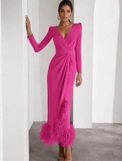 Feather Column Cocktail Formal Dresses Elegant Dress Wedding Guest Ankle Length Long Sleeve V Neck Stretch Crepe