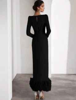 Feather Column Cocktail Formal Dresses Elegant Dress Wedding Guest Ankle Length Long Sleeve V Neck Stretch Crepe