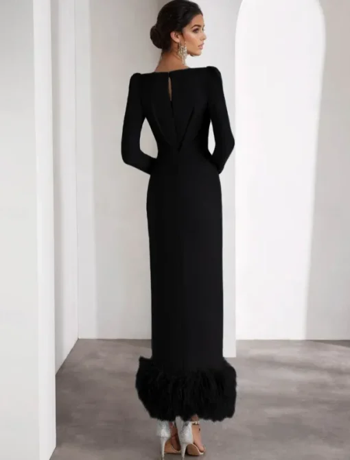 Feather Column Cocktail Formal Dresses Elegant Dress Wedding Guest Ankle Length Long Sleeve V Neck Stretch Crepe