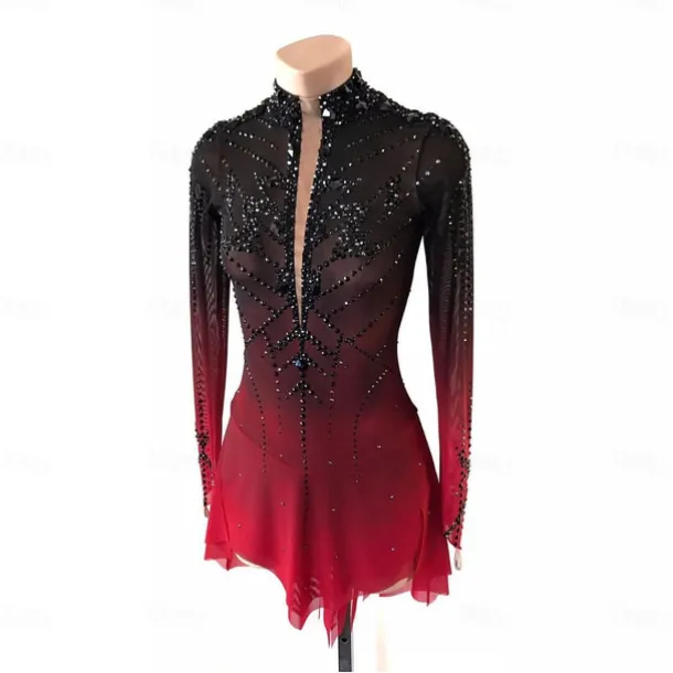 Figure Skating Dress Girls' Ice Skating Dress Black Red Halo Dyeing High Elasticity Professional Competition Skating Wear Thermal Warm Crystal / Rhinestone Long Sleeve Ice Skating Figure Skating