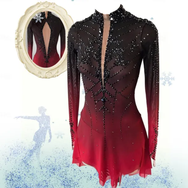 Figure Skating Dress Girls' Ice Skating Dress Black Red Halo Dyeing High Elasticity Professional Competition Skating Wear Thermal Warm Crystal / Rhinestone Long Sleeve Ice Skating Figure Skating