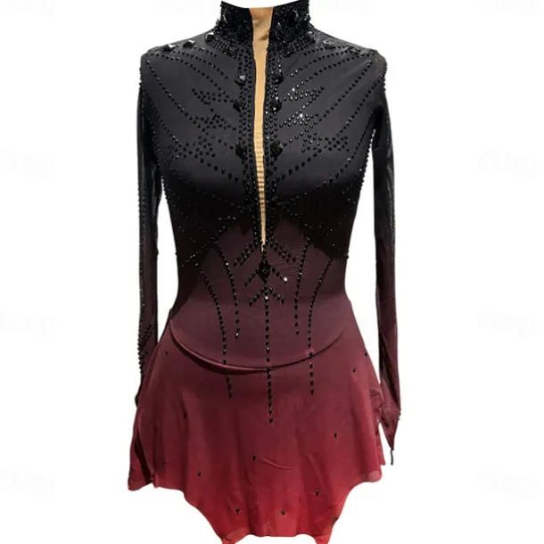 Figure Skating Dress Girls' Ice Skating Dress Black Red Halo Dyeing High Elasticity Professional Competition Skating Wear Thermal Warm Crystal / Rhinestone Long Sleeve Ice Skating Figure Skating