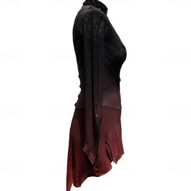 Figure Skating Dress Girls' Ice Skating Dress Black Red Halo Dyeing High Elasticity Professional Competition Skating Wear Thermal Warm Crystal / Rhinestone Long Sleeve Ice Skating Figure Skating