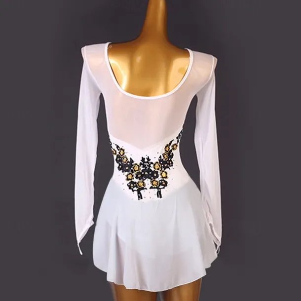 Figure Skating Dress Women's Girls' Ice Skating Dress White Patchwork Open Back Mesh High Elasticity Training Competition Skating Wear Classic Long Sleeve Ice Skating Figure Skating