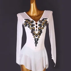 Figure Skating Dress Women's Girls' Ice Skating Dress White Patchwork Open Back Mesh High Elasticity Training Competition Skating Wear Classic Long Sleeve Ice Skating Figure Skating