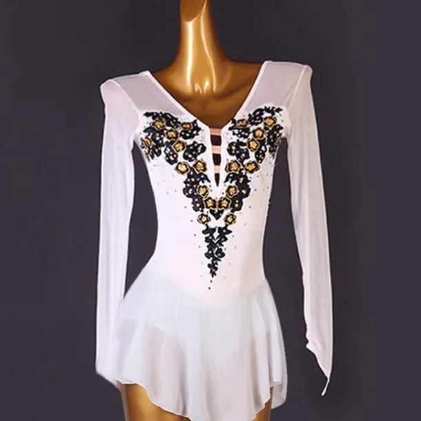 Figure Skating Dress Women's Girls' Ice Skating Dress White Patchwork Open Back Mesh High Elasticity Training Competition Skating Wear Classic Long Sleeve Ice Skating Figure Skating