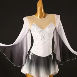 Figure Skating Dress Women's Girls' Ice Skating Dress White Patchwork Mesh High Elasticity Training Competition Skating Wear Classic Crystal / Rhinestone Long Sleeve Ice Skating Figure Skating
