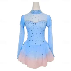 Figure Skating Dress Women's Girls' Ice Skating Dress Blue Patchwork Thumbhole Mesh High Elasticity Training Competition Skating Wear Classic Long Sleeve Ice Skating Figure Skating