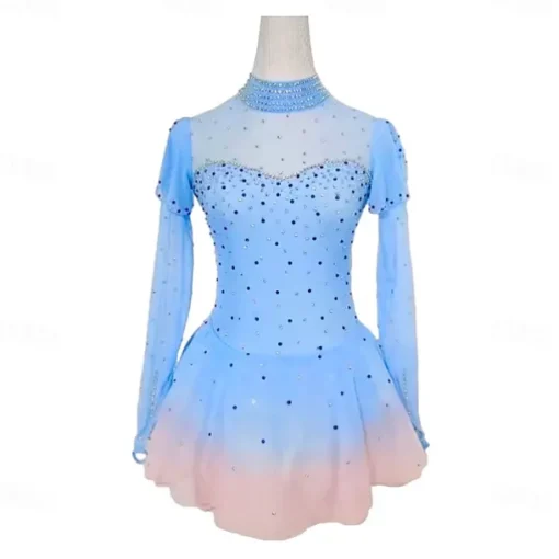 Figure Skating Dress Women's Girls' Ice Skating Dress Blue Patchwork Thumbhole Mesh High Elasticity Training Competition Skating Wear Classic Long Sleeve Ice Skating Figure Skating