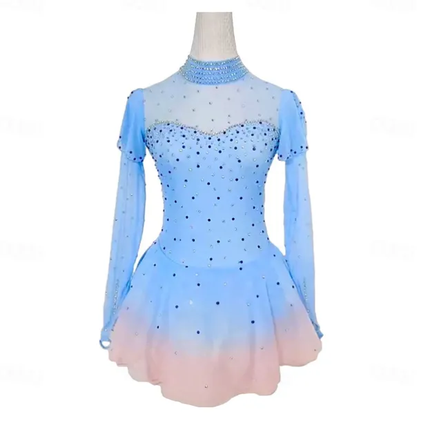 Figure Skating Dress Women's Girls' Ice Skating Dress Blue Patchwork Thumbhole Mesh High Elasticity Training Competition Skating Wear Classic Long Sleeve Ice Skating Figure Skating