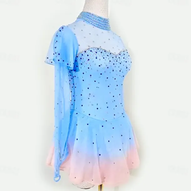 Figure Skating Dress Women's Girls' Ice Skating Dress Blue Patchwork Thumbhole Mesh High Elasticity Training Competition Skating Wear Classic Long Sleeve Ice Skating Figure Skating