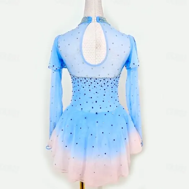 Figure Skating Dress Women's Girls' Ice Skating Dress Blue Patchwork Thumbhole Mesh High Elasticity Training Competition Skating Wear Classic Long Sleeve Ice Skating Figure Skating