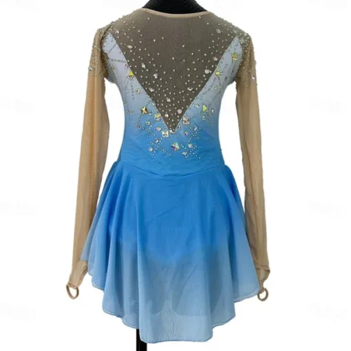 Figure Skating Dress Women's Girls' Ice Skating Dress Blue Patchwork Thumbhole Mesh Spandex Stretchy Training Practice Professional Skating Wear Crystal / Rhinestone Long Sleeve Figure Skating