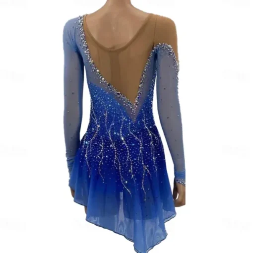 Figure Skating Dress Women's Girls' Ice Skating Dress Blue Patchwork Asymmetric Hem Mesh Spandex Stretchy Training Practice Professional Skating Wear Crystal / Rhinestone Long Sleeve Figure Skating