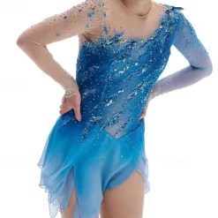 Figure Skating Dress Women's Girls' Ice Skating Dress Sky Blue Patchwork Thumbhole Mesh Spandex Stretchy Training Practice Professional Skating Wear Thermal Warm Crystal / Rhinestone Long Sleeve Ice