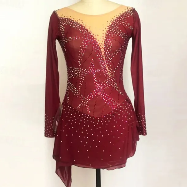 Figure Skating Dress Women's Girls' Ice Skating Dress Black Purple Rosy Pink Spandex High Elasticity Training Competition Skating Wear Handmade Crystal / Rhinestone Long Sleeve Ice Skating Figure