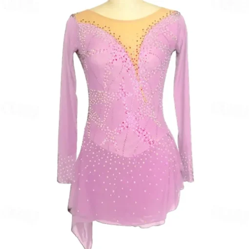 Figure Skating Dress Women's Girls' Ice Skating Dress Black Purple Rosy Pink Spandex High Elasticity Training Competition Skating Wear Handmade Crystal / Rhinestone Long Sleeve Ice Skating Figure