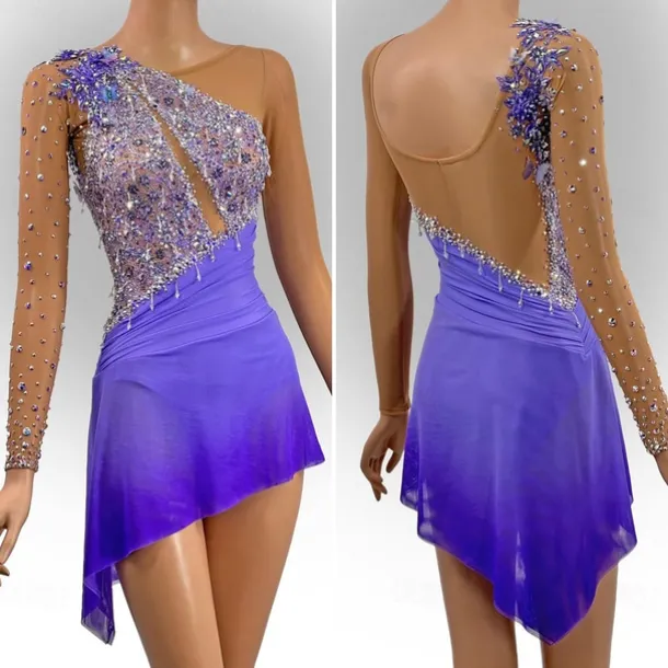 Figure Skating Dress Women's Girls' Ice Skating Dress Lake Blue Patchwork Open Back Mesh High Elasticity Training Competition Skating Wear Classic Crystal / Rhinestone Long Sleeve Ice Skating Figure