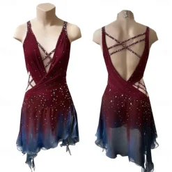 Figure Skating Dress Women's Girls' Ice Skating Dress Burgundy Thumbhole Halo Dyeing High Elasticity Professional Competition Skating Wear Thermal Warm Crystal / Rhinestone Long Sleeve Ice Skating