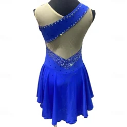 Figure Skating Dress Women's Girls' Ice Skating Dress Blue Patchwork Asymmetric Hem Mesh Spandex Stretchy Training Practice Professional Skating Wear Crystal / Rhinestone Sleeveless Figure Skating