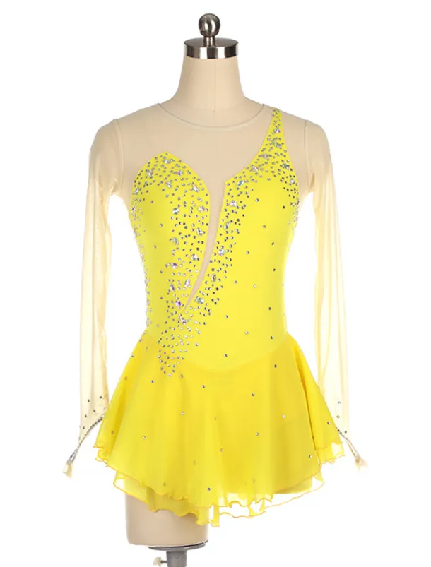Figure Skating Dress Women's Girls' Ice Skating Dress Black Yellow Pink Mesh Spandex High Elasticity Training Competition Skating Wear Crystal / Rhinestone Long Sleeve Ice Skating Figure Skating