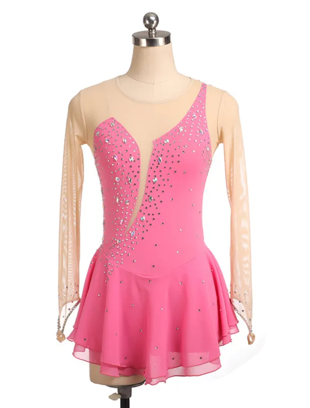 Figure Skating Dress Women's Girls' Ice Skating Dress Black Yellow Pink Mesh Spandex High Elasticity Training Competition Skating Wear Crystal / Rhinestone Long Sleeve Ice Skating Figure Skating