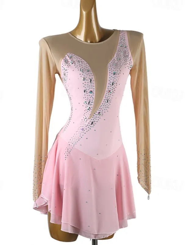 Figure Skating Dress Women's Girls' Ice Skating Dress Black Yellow Pink Mesh Spandex High Elasticity Training Competition Skating Wear Crystal / Rhinestone Long Sleeve Ice Skating Figure Skating