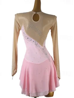 Figure Skating Dress Women's Girls' Ice Skating Dress Black Yellow Pink Mesh Spandex High Elasticity Training Competition Skating Wear Crystal / Rhinestone Long Sleeve Ice Skating Figure Skating