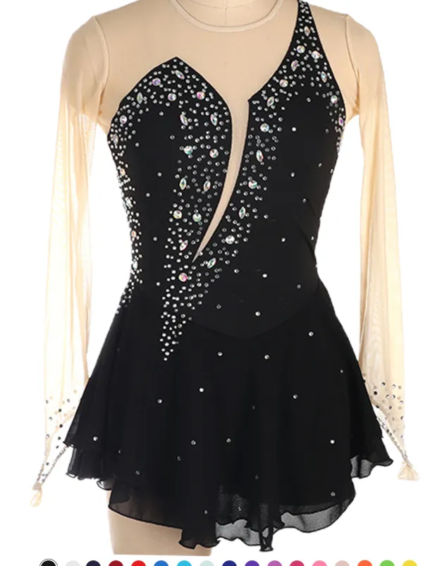 Figure Skating Dress Women's Girls' Ice Skating Dress Black Yellow Pink Mesh Spandex High Elasticity Training Competition Skating Wear Crystal / Rhinestone Long Sleeve Ice Skating Figure Skating