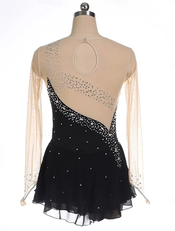 Figure Skating Dress Women's Girls' Ice Skating Dress Black Yellow Pink Mesh Spandex High Elasticity Training Competition Skating Wear Crystal / Rhinestone Long Sleeve Ice Skating Figure Skating