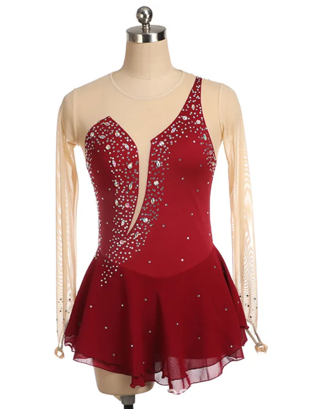 Figure Skating Dress Women's Girls' Ice Skating Dress Black Yellow Pink Mesh Spandex High Elasticity Training Competition Skating Wear Crystal / Rhinestone Long Sleeve Ice Skating Figure Skating