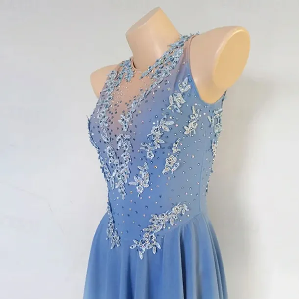 Figure Skating Dress Women's Girls' Ice Skating Dress Blue High Elasticity Training Competition Skating Wear Classic Crystal / Rhinestone Long Sleeve Ice Skating Figure Skating