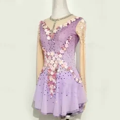 Figure Skating Dress Women's Girls' Ice Skating Dress Light Purple Patchwork Mesh High Elasticity Training Competition Skating Wear Classic Crystal / Rhinestone Long Sleeve Ice Skating Figure Skating