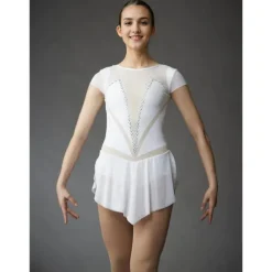Figure Skating Dress Women's Girls' Ice Skating Dress White Patchwork Thumbhole Mesh High Elasticity Training Competition Skating Wear Classic Short Sleeve Ice Skating Figure Skating