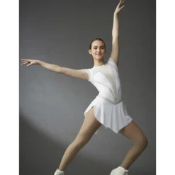 Figure Skating Dress Women's Girls' Ice Skating Dress White Patchwork Thumbhole Mesh High Elasticity Training Competition Skating Wear Classic Short Sleeve Ice Skating Figure Skating